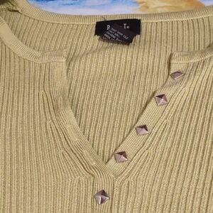 P Te Men's Tan V-Neck Sweater with Stud Details